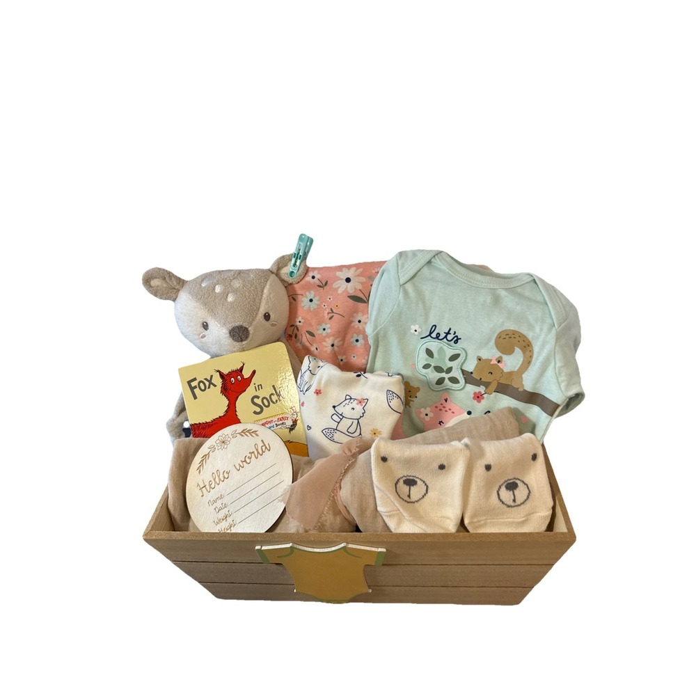 Gift Ready Fox Themed Baby Girl Shower Basket, Fox Book, Lovey, Clothes, Blanket